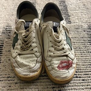 Golden Goose White Leather Sneakers with Green Star and Red Lip Print